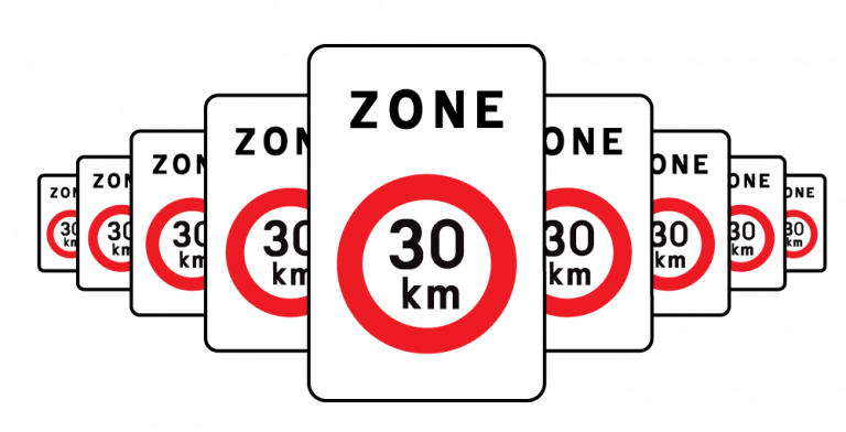 Dertig kilometer per uur moet maximumsnelheid zijn voor auto’s. - Zin